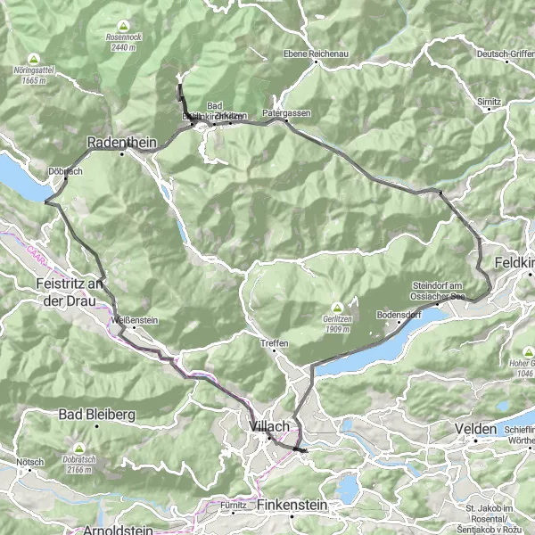 Zemljevid v pomanjšavi "Grand road tour okoli Ossiacher Seja" kolesarske inspiracije v Kärnten, Austria. Generirano z načrtovalcem kolesarskih poti Tarmacs.app