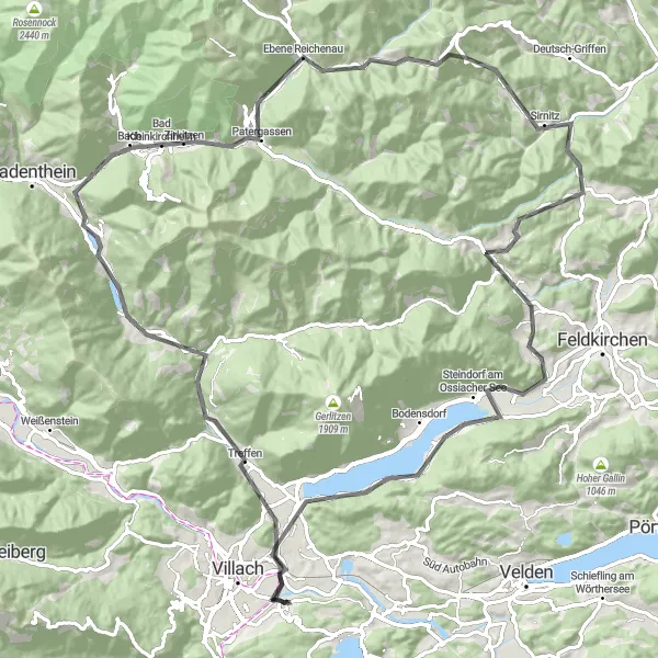 Karttaminiaatyyri "Oswaldiberg-Jungfernsprung Road Trip" pyöräilyinspiraatiosta alueella Kärnten, Austria. Luotu Tarmacs.app pyöräilyreittisuunnittelijalla