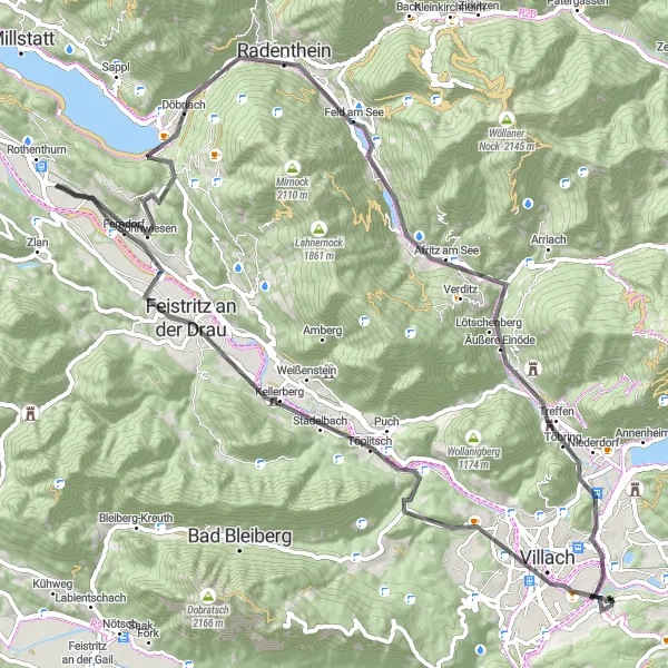 Miniatura della mappa di ispirazione al ciclismo "Giro in bicicletta Villach - Lake Millstatt" nella regione di Kärnten, Austria. Generata da Tarmacs.app, pianificatore di rotte ciclistiche
