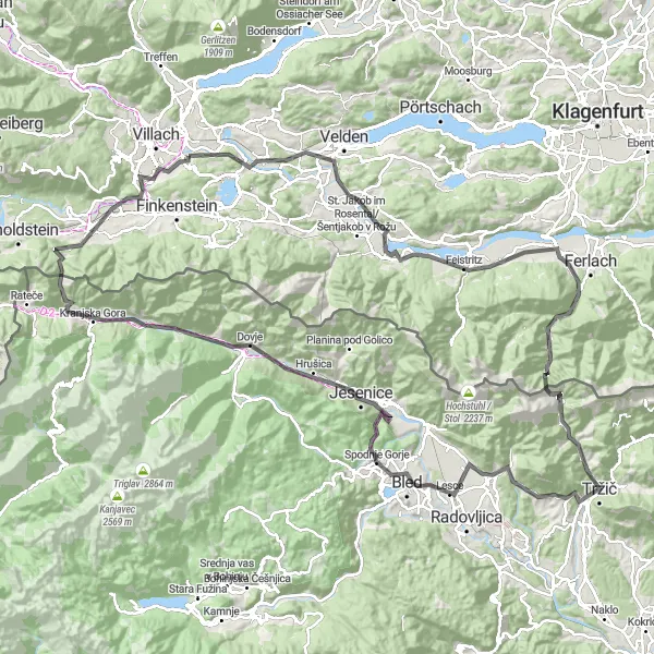 Map miniature of "Landskron to Bled" cycling inspiration in Kärnten, Austria. Generated by Tarmacs.app cycling route planner