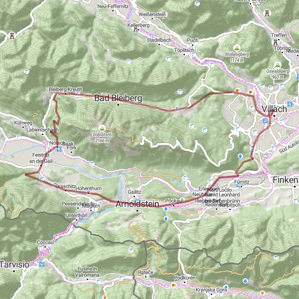 Miniatura della mappa di ispirazione al ciclismo "Giro in Gravel con Vista da Storfhöhe" nella regione di Kärnten, Austria. Generata da Tarmacs.app, pianificatore di rotte ciclistiche