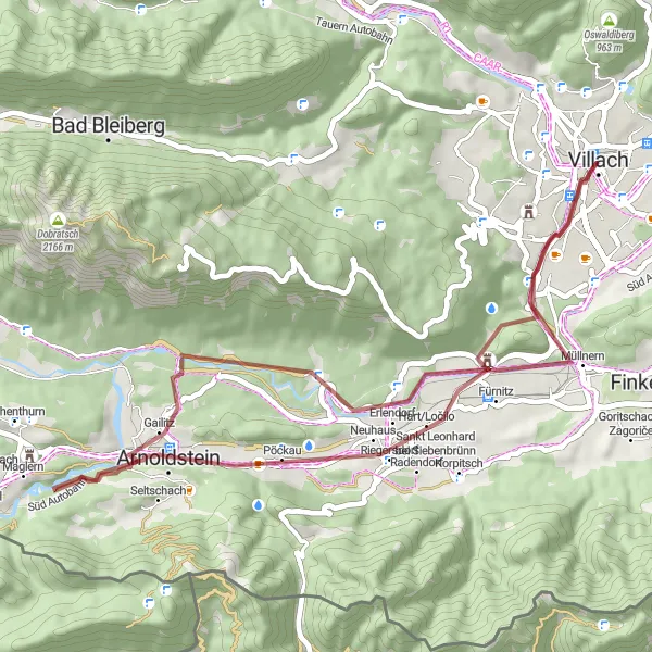 Map miniature of "Gravel Escape from Lind" cycling inspiration in Kärnten, Austria. Generated by Tarmacs.app cycling route planner