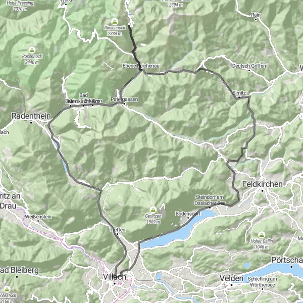 Kartminiatyr av "Utmanande bergsvägar och historiska platser" cykelinspiration i Kärnten, Austria. Genererad av Tarmacs.app cykelruttplanerare