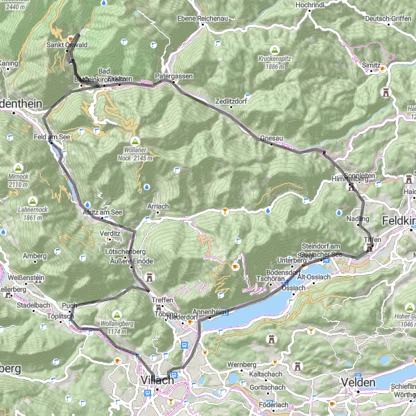 Map miniature of "Century Ride from Lind to Ossiach" cycling inspiration in Kärnten, Austria. Generated by Tarmacs.app cycling route planner