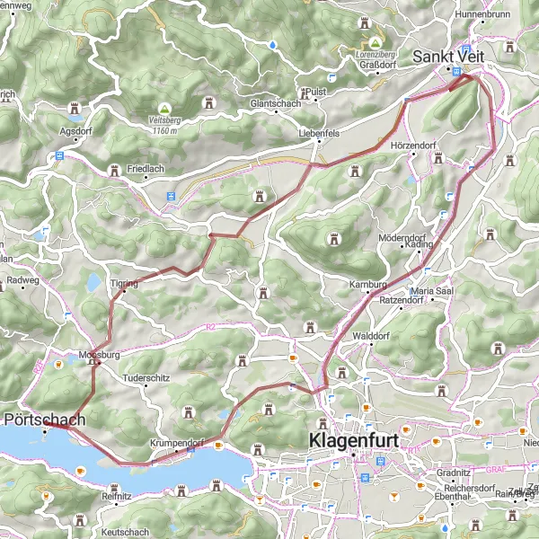 Miniaturekort af cykelinspirationen "Gravelrute til Muraunberg og Karnburg" i Kärnten, Austria. Genereret af Tarmacs.app cykelruteplanlægger