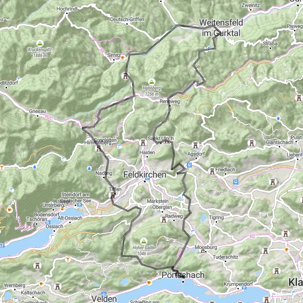 Map miniature of "Ultimate Road Cycling Challenge near Pörtschach am Wörthersee" cycling inspiration in Kärnten, Austria. Generated by Tarmacs.app cycling route planner