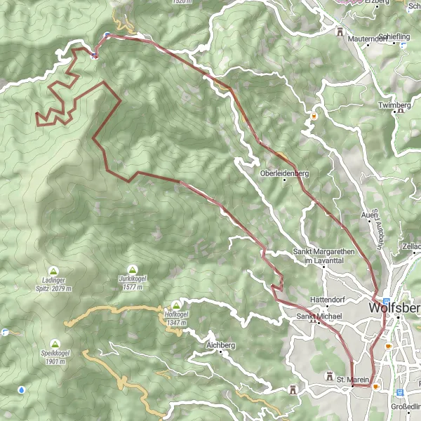 Miniatura della mappa di ispirazione al ciclismo "Esplorazione off-road tra le montagne" nella regione di Kärnten, Austria. Generata da Tarmacs.app, pianificatore di rotte ciclistiche