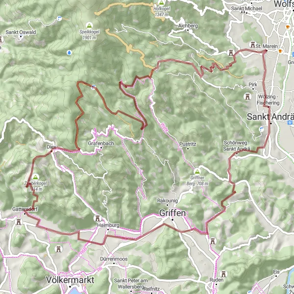 Kartminiatyr av "Grusvägar och historiska platser" cykelinspiration i Kärnten, Austria. Genererad av Tarmacs.app cykelruttplanerare