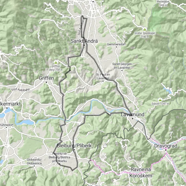 Miniature de la carte de l'inspiration cycliste "Escapade à travers les Villages de Carinthie" dans la Kärnten, Austria. Générée par le planificateur d'itinéraire cycliste Tarmacs.app