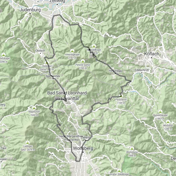 Miniatura della mappa di ispirazione al ciclismo "Rotta tra arte e natura in Kärnten" nella regione di Kärnten, Austria. Generata da Tarmacs.app, pianificatore di rotte ciclistiche