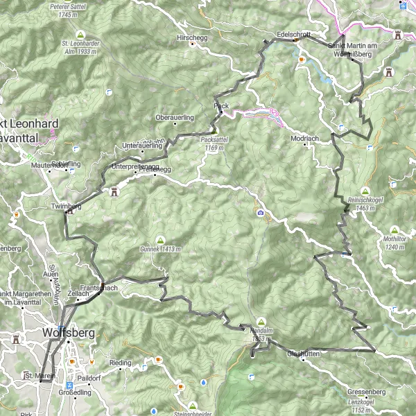 Miniatuurkaart van de fietsinspiratie "Uitdagende roadtrip door Packsattel en Osterwitz" in Kärnten, Austria. Gemaakt door de Tarmacs.app fietsrouteplanner