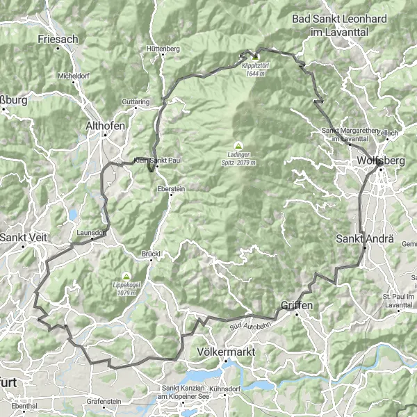 Miniatura della mappa di ispirazione al ciclismo "Alla scoperta dei tesori di Kärnten" nella regione di Kärnten, Austria. Generata da Tarmacs.app, pianificatore di rotte ciclistiche