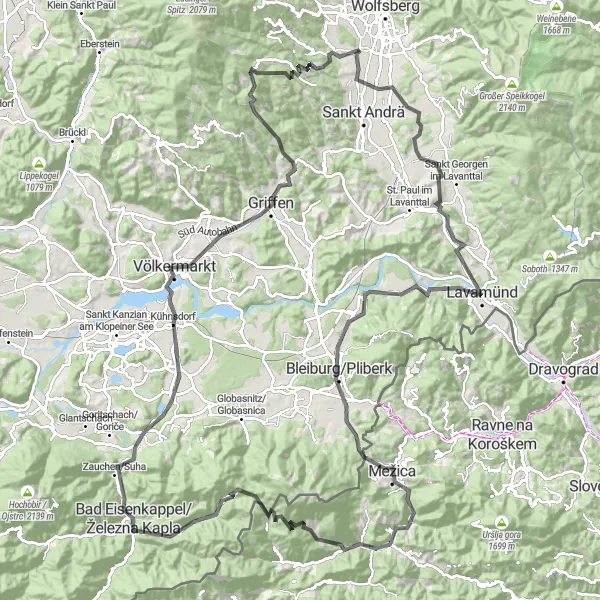 Miniatura della mappa di ispirazione al ciclismo "Giro in bicicletta su strada intorno a Priel" nella regione di Kärnten, Austria. Generata da Tarmacs.app, pianificatore di rotte ciclistiche