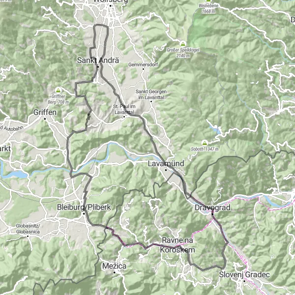Miniaturní mapa "Road route near Priel" inspirace pro cyklisty v oblasti Kärnten, Austria. Vytvořeno pomocí plánovače tras Tarmacs.app