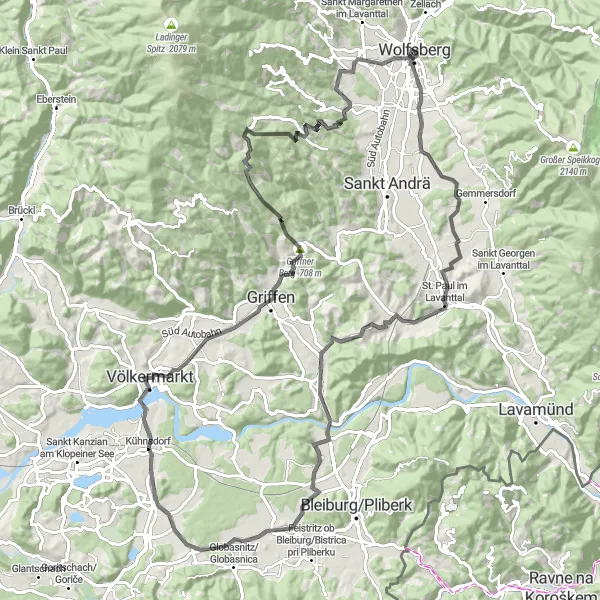 Kartminiatyr av "Vakker landskapssykling i nærheten av Priel" sykkelinspirasjon i Kärnten, Austria. Generert av Tarmacs.app sykkelrutoplanlegger