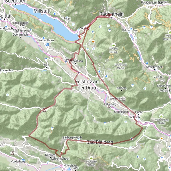 Zemljevid v pomanjšavi "Pot skozi zeleno pokrajino Nockberge" kolesarske inspiracije v Kärnten, Austria. Generirano z načrtovalcem kolesarskih poti Tarmacs.app