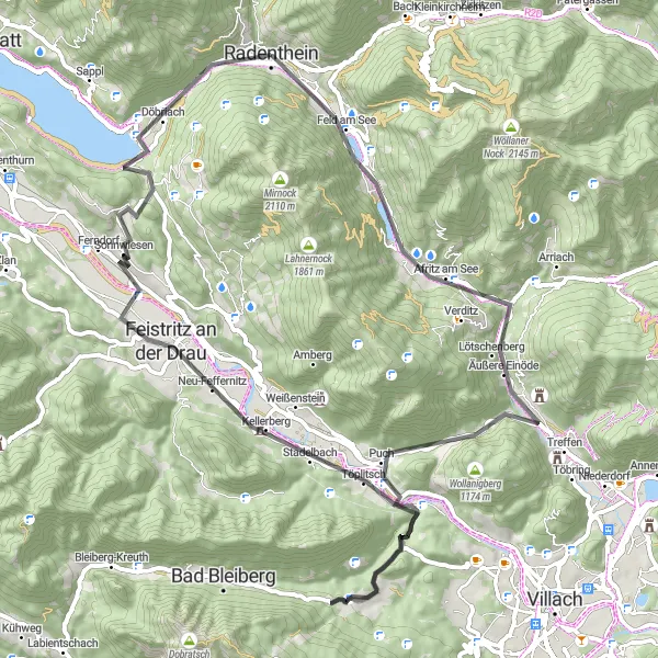 Miniaturní mapa "Road Okruh kolem jezera Millstatt" inspirace pro cyklisty v oblasti Kärnten, Austria. Vytvořeno pomocí plánovače tras Tarmacs.app