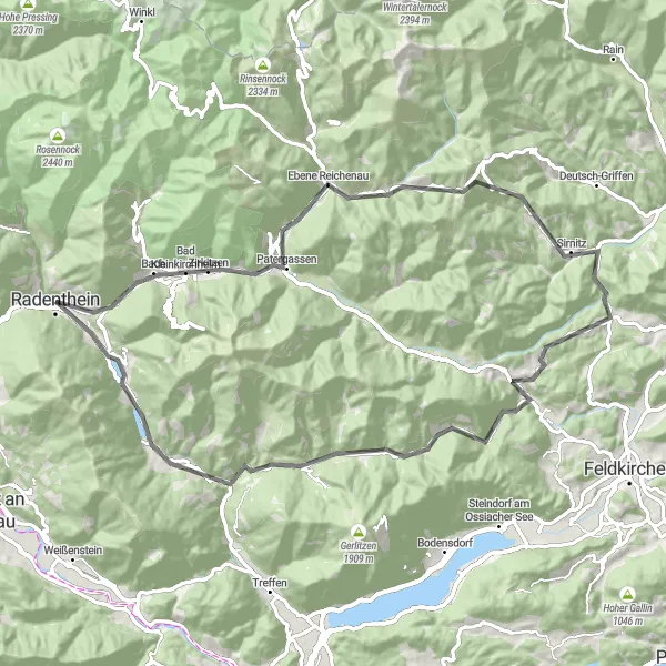 Zemljevid v pomanjšavi "Pretika čez gorsko območje Bad Kleinkirchheim" kolesarske inspiracije v Kärnten, Austria. Generirano z načrtovalcem kolesarskih poti Tarmacs.app