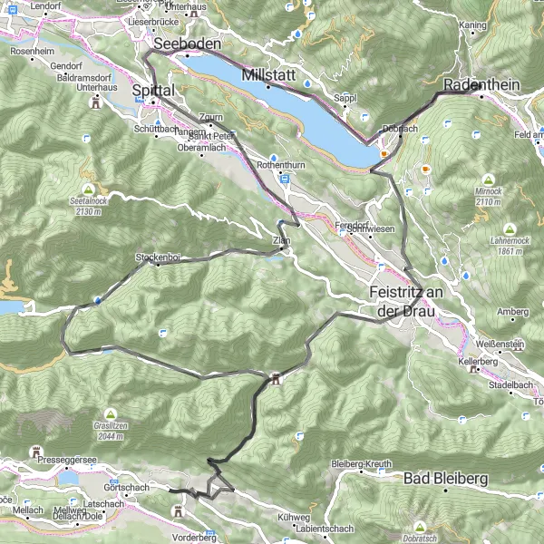 Miniaturní mapa "Náročná horská cesta kolem jezera" inspirace pro cyklisty v oblasti Kärnten, Austria. Vytvořeno pomocí plánovače tras Tarmacs.app