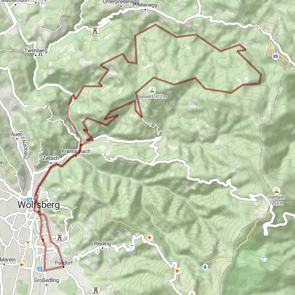 Zemljevid v pomanjšavi "Raziskovanje naravnih lepot Mežiške doline" kolesarske inspiracije v Kärnten, Austria. Generirano z načrtovalcem kolesarskih poti Tarmacs.app