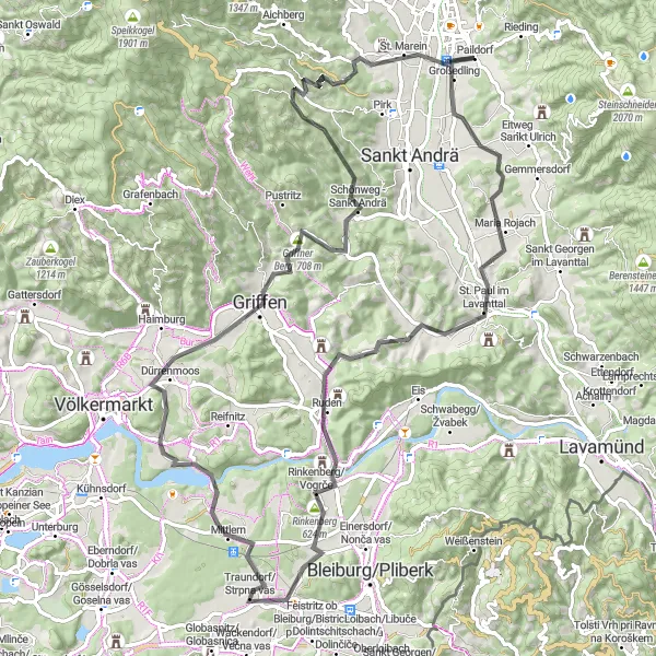 Miniatura della mappa di ispirazione al ciclismo "Il giro dei castelli di Kärnten" nella regione di Kärnten, Austria. Generata da Tarmacs.app, pianificatore di rotte ciclistiche