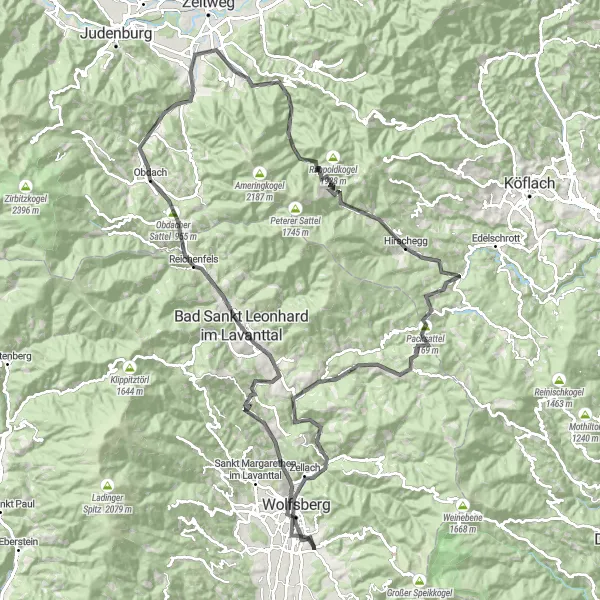 Miniatua del mapa de inspiración ciclista "Circuito de ciclismo de carretera desde Reding a través de Paildorf y Packsattel" en Kärnten, Austria. Generado por Tarmacs.app planificador de rutas ciclistas