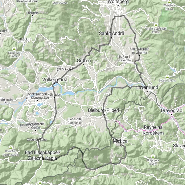 Mapa miniatúra "Náročná horská cyklotrasa Kärnten-Griffen" cyklistická inšpirácia v Kärnten, Austria. Vygenerované cyklistickým plánovačom trás Tarmacs.app