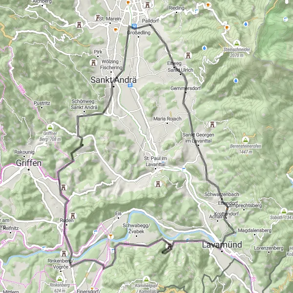 Mapa miniatúra "Cyklotrasa cez Sankt Georgen im Lavanttal a Schloss Lippitzbach" cyklistická inšpirácia v Kärnten, Austria. Vygenerované cyklistickým plánovačom trás Tarmacs.app