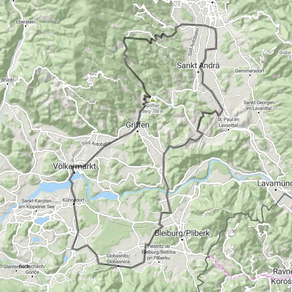 Miniatura della mappa di ispirazione al ciclismo "Viaggio tra storia e natura in Kärnten" nella regione di Kärnten, Austria. Generata da Tarmacs.app, pianificatore di rotte ciclistiche