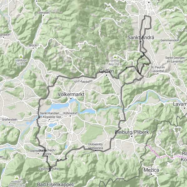 Zemljevid v pomanjšavi "Kolesarska pot okoli Redinga" kolesarske inspiracije v Kärnten, Austria. Generirano z načrtovalcem kolesarskih poti Tarmacs.app