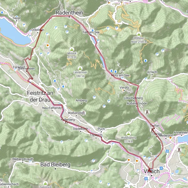 Map miniature of "Lind to Burg Villach Loop" cycling inspiration in Kärnten, Austria. Generated by Tarmacs.app cycling route planner