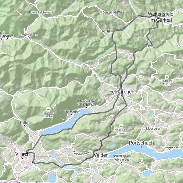 Miniatua del mapa de inspiración ciclista "Increíble ruta de carretera por los alrededores de Sankt Leonhard" en Kärnten, Austria. Generado por Tarmacs.app planificador de rutas ciclistas