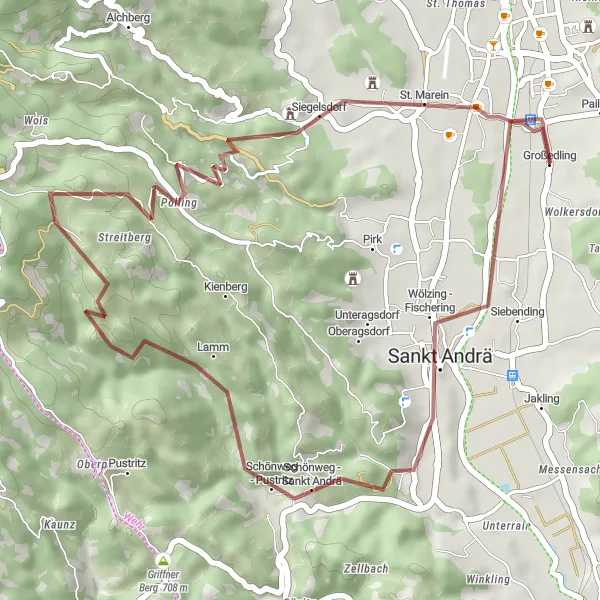 Karttaminiaatyyri "Sankt Stefan - Großedling Loop" pyöräilyinspiraatiosta alueella Kärnten, Austria. Luotu Tarmacs.app pyöräilyreittisuunnittelijalla