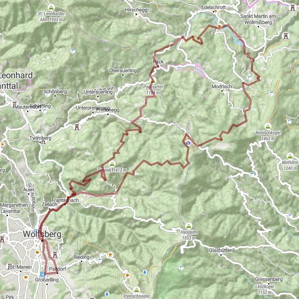 Map miniature of "Wolfsberg to Herzogberg Gravel Route" cycling inspiration in Kärnten, Austria. Generated by Tarmacs.app cycling route planner