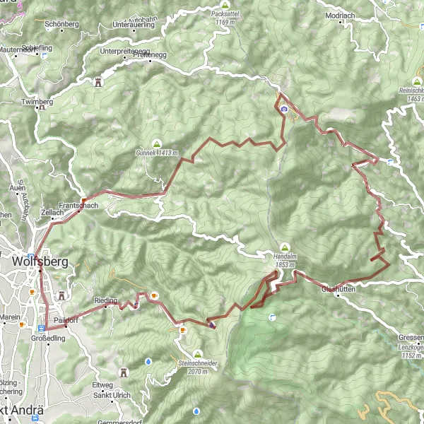 Karttaminiaatyyri "Wolfsberg - Paildorf Gravel Adventure" pyöräilyinspiraatiosta alueella Kärnten, Austria. Luotu Tarmacs.app pyöräilyreittisuunnittelijalla