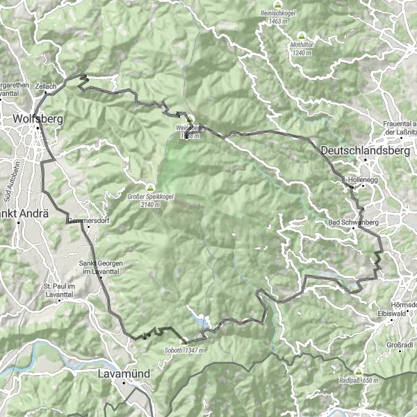 Karttaminiaatyyri "Wolfsberg - Soboth Circuit" pyöräilyinspiraatiosta alueella Kärnten, Austria. Luotu Tarmacs.app pyöräilyreittisuunnittelijalla