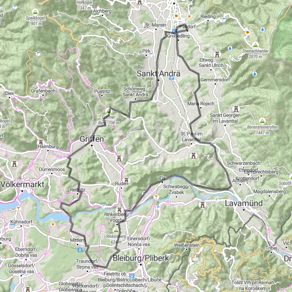 Map miniature of "Maria Rojach to Griffner Berg Road Route" cycling inspiration in Kärnten, Austria. Generated by Tarmacs.app cycling route planner