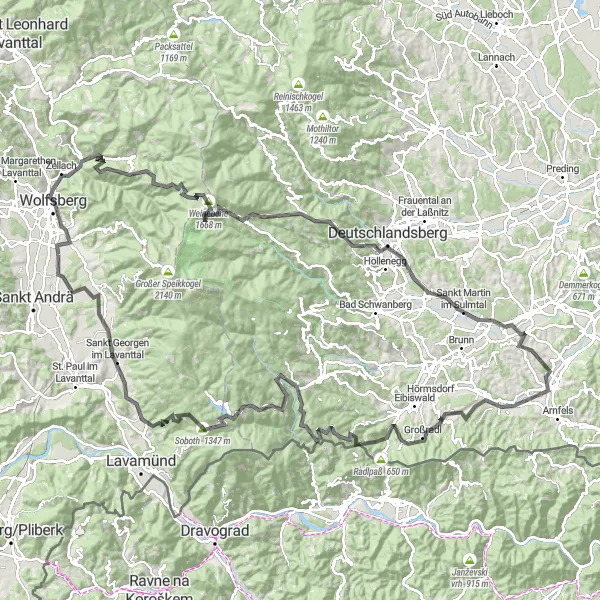 Miniatura della mappa di ispirazione al ciclismo "Giro Sankt Stefan - Wolfsberg" nella regione di Kärnten, Austria. Generata da Tarmacs.app, pianificatore di rotte ciclistiche