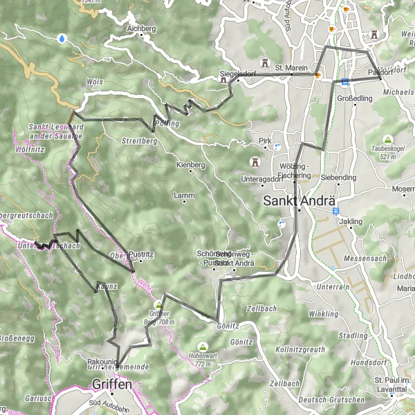Miniatua del mapa de inspiración ciclista "Exploración en bicicleta de carretera por Untergreutschach y Siegelsdorf" en Kärnten, Austria. Generado por Tarmacs.app planificador de rutas ciclistas