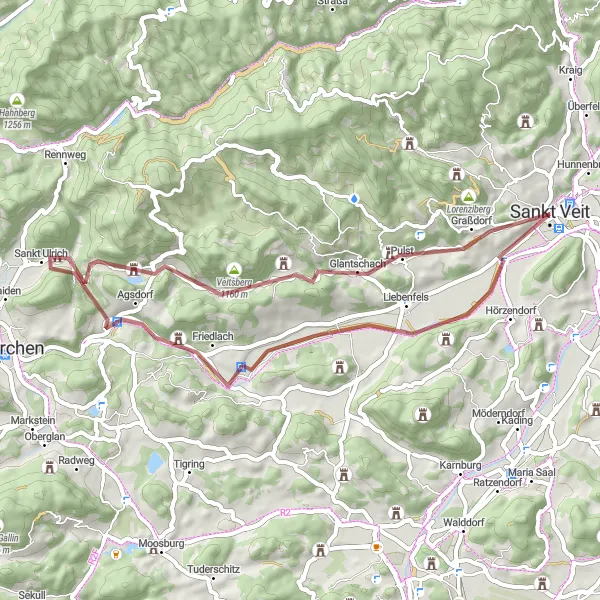 Miniature de la carte de l'inspiration cycliste "Boucle Gravel autour de Sankt Veit" dans la Kärnten, Austria. Générée par le planificateur d'itinéraire cycliste Tarmacs.app