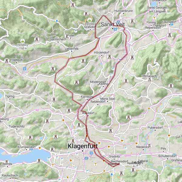 Mapa miniatúra "Zážitkový gravel na úpätí Schloss Annabichl" cyklistická inšpirácia v Kärnten, Austria. Vygenerované cyklistickým plánovačom trás Tarmacs.app