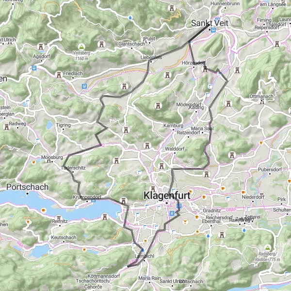 Zemljevid v pomanjšavi "Po sledeh zgodovine na kolesu" kolesarske inspiracije v Kärnten, Austria. Generirano z načrtovalcem kolesarskih poti Tarmacs.app
