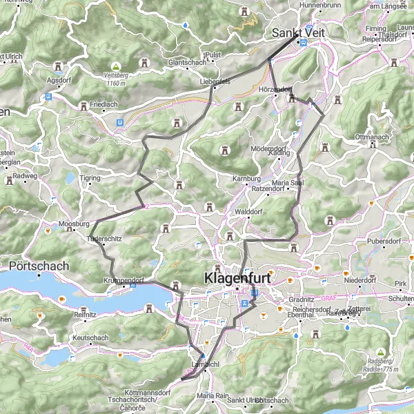 Miniatura della mappa di ispirazione al ciclismo "Giro in bicicletta attraverso Maria Saal e Klagenfurt" nella regione di Kärnten, Austria. Generata da Tarmacs.app, pianificatore di rotte ciclistiche