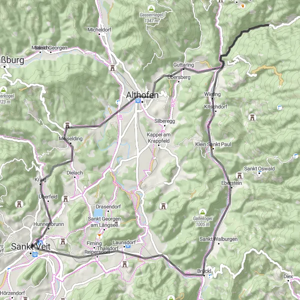 Miniatua del mapa de inspiración ciclista "Ruta de ciclismo en carretera cerca de Sankt Veit" en Kärnten, Austria. Generado por Tarmacs.app planificador de rutas ciclistas