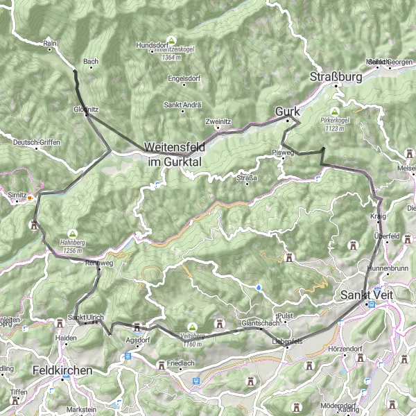 Miniatura della mappa di ispirazione al ciclismo "Scoperte tra natura e storia" nella regione di Kärnten, Austria. Generata da Tarmacs.app, pianificatore di rotte ciclistiche