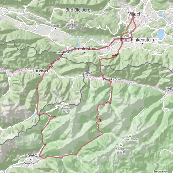 Kartminiatyr av "Grusvei til Cima Predil fra Seebach" sykkelinspirasjon i Kärnten, Austria. Generert av Tarmacs.app sykkelrutoplanlegger