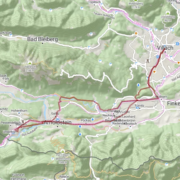 Kartminiatyr av "Grenseland Grusopplevelse" sykkelinspirasjon i Kärnten, Austria. Generert av Tarmacs.app sykkelrutoplanlegger