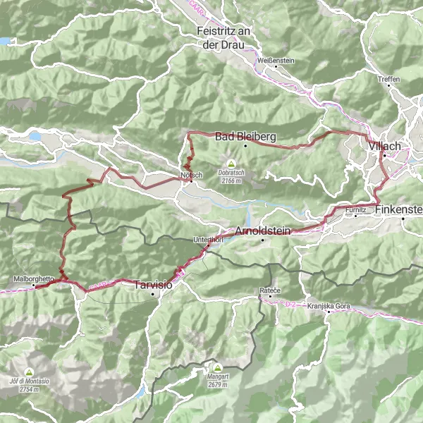 Miniatura della mappa di ispirazione al ciclismo "Giro Panoramico delle Alpi Carniche" nella regione di Kärnten, Austria. Generata da Tarmacs.app, pianificatore di rotte ciclistiche