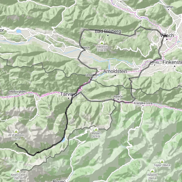 Miniatura della mappa di ispirazione al ciclismo "Esplorazione in bicicletta tra Seebach e Tarvisio" nella regione di Kärnten, Austria. Generata da Tarmacs.app, pianificatore di rotte ciclistiche