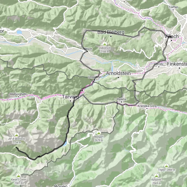 Miniaturekort af cykelinspirationen "Villaer og fæstninger rute" i Kärnten, Austria. Genereret af Tarmacs.app cykelruteplanlægger